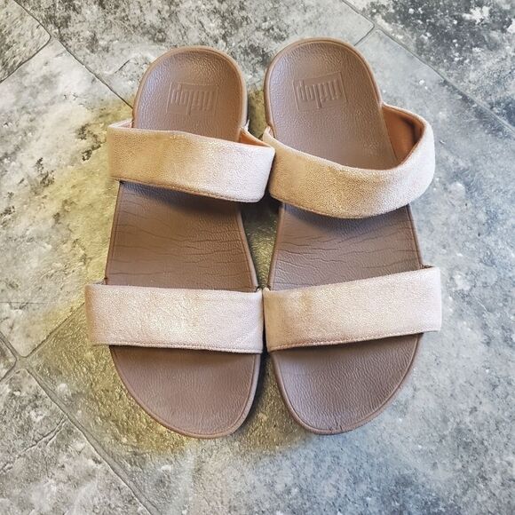 Fitflop Shimmy Rose Gold Suede Leather Shimmering 2 Strap Slide Sandals 6 - Picture 3 of 8